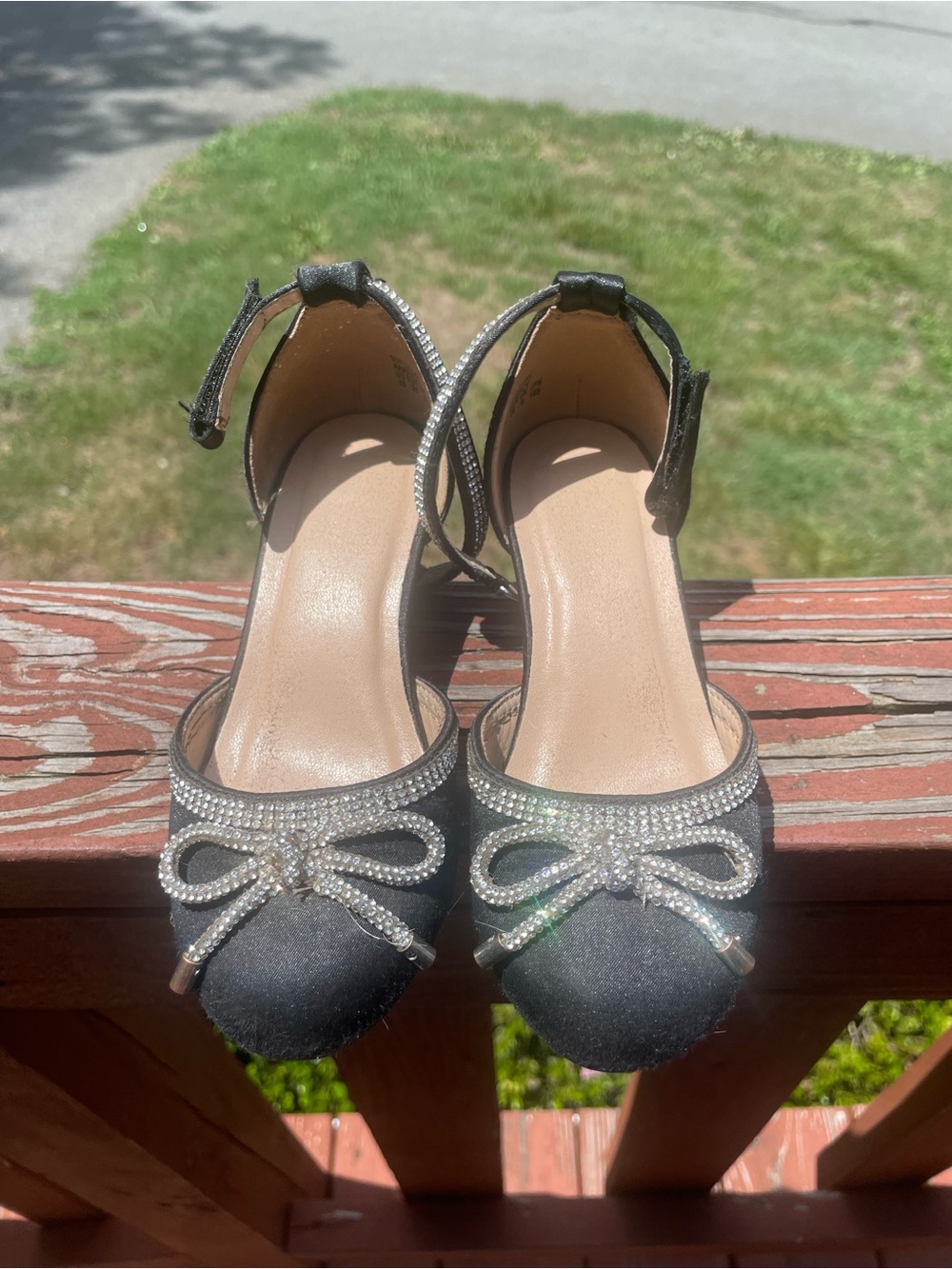Little girl Black Satin Ankle-Strap Heels with Crystal Bow